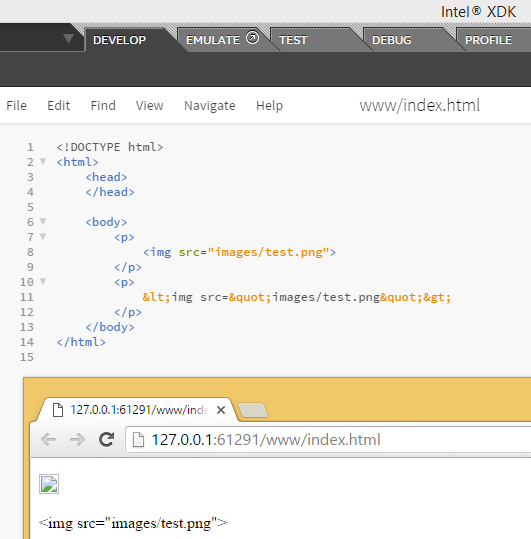 Image tag written using entities Intel XDK Output