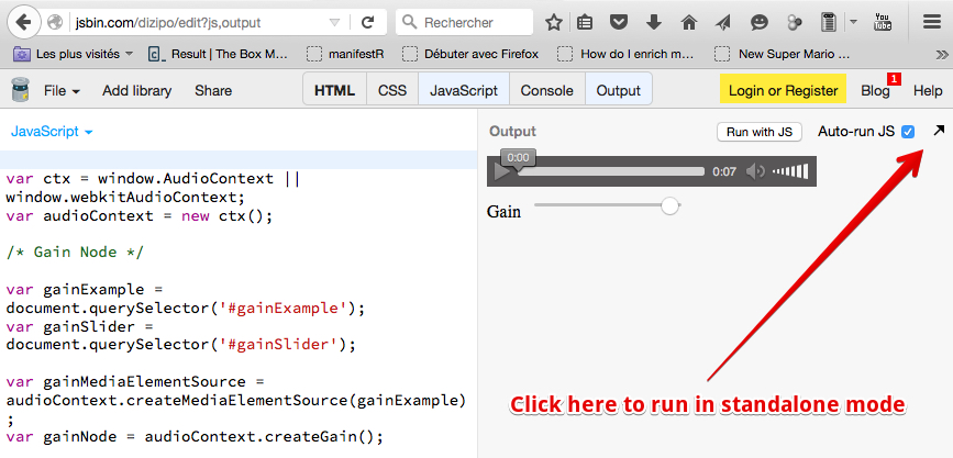 How to go in JsBin standalone mode: click the black arrow on top right of the output tab