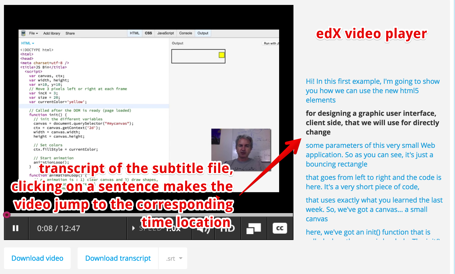 edX video player with clickable transcript on the right