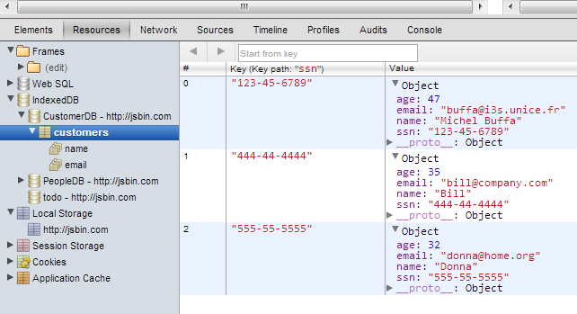 Devtools show that a new customer named Michel Buffa has been inserted