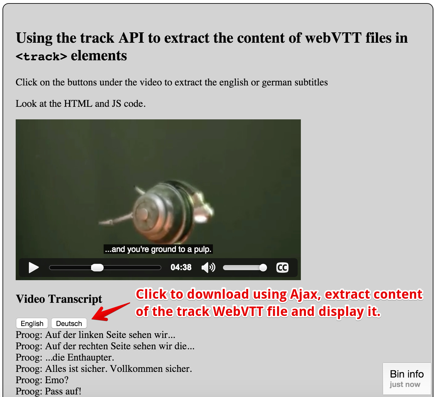 screenshot of JsBin example: video on top and two buttons "english" and "german" at bottom for extracting the track contents in english or grman