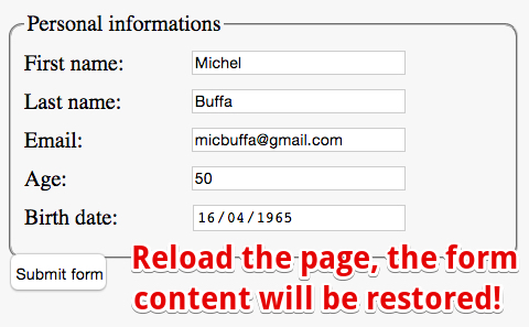 form screenshot, a form that saves/restores its content as we type