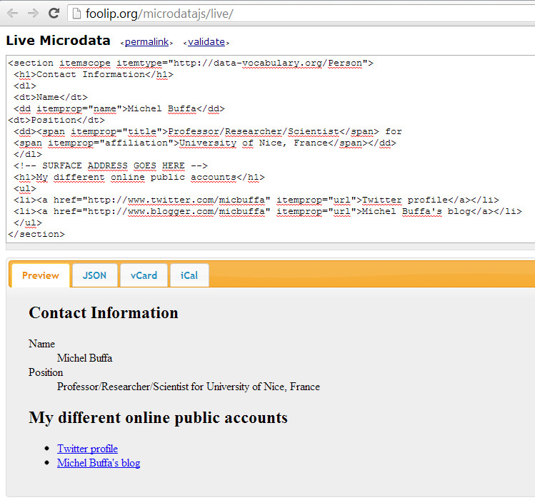 example of live microdata from the previous example. Microdata are displayed as json objects