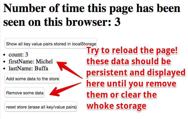 example with buttons that shown how to iterate on localStorage, clear it etc.